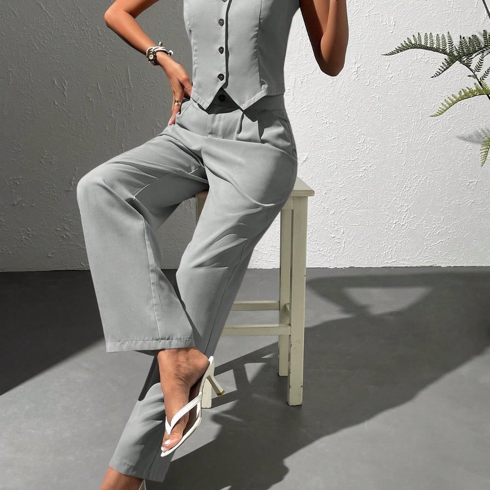 Chic Button Front Vest Blazer & Pants Suit Set Grey - Picture 5 of 5